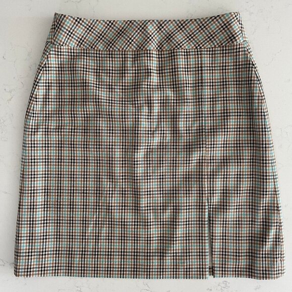 RW&CO. Stretch Lining Plaid Mini Skirt w Front Slit Turquoise Blue Blk Tan Sz 2 - Picture 1 of 10